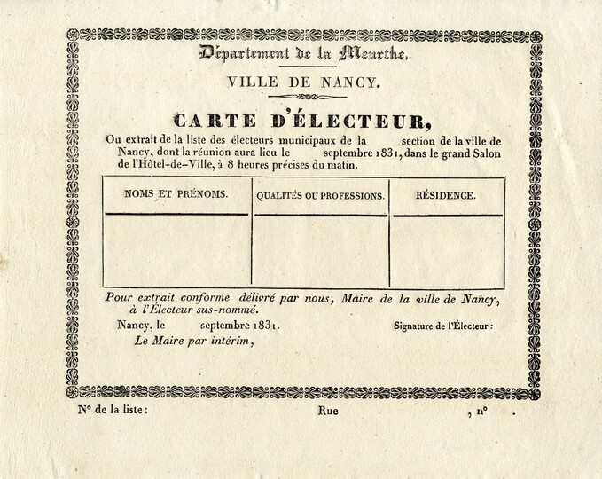 Carte d&#039;électeur 1831 - Crédits photo : Archives municipales de Nancy, 1 K 185