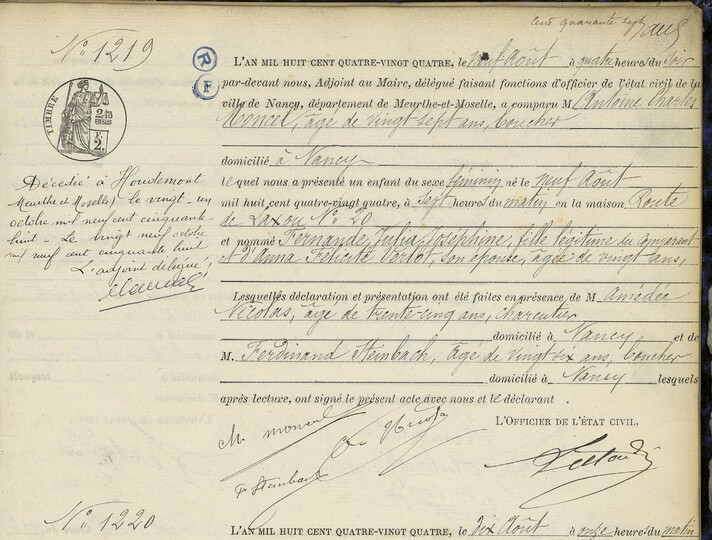 Extrait d&#039;un registre d&#039;acte de naissance - Crédits photo : Archives municipales de Nancy, 2 E 227